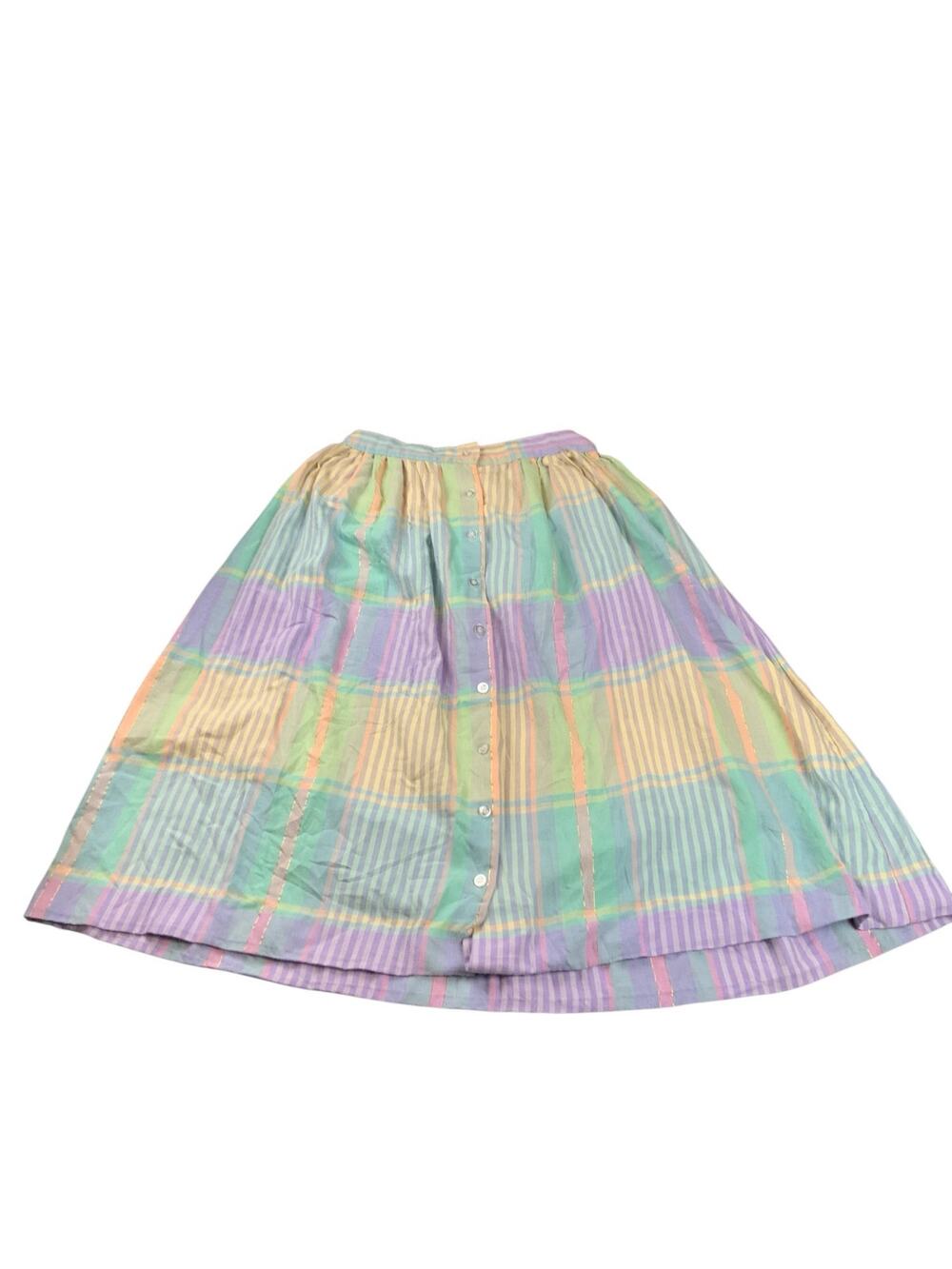Vintage Cheryl Tiegs Plaid Midi Skirt USA Pastel Button Front Elastic Waist 12